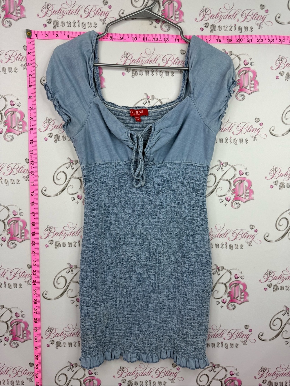Guess dress Light Blue Smocked Short Sleeve Tie-Neck Top